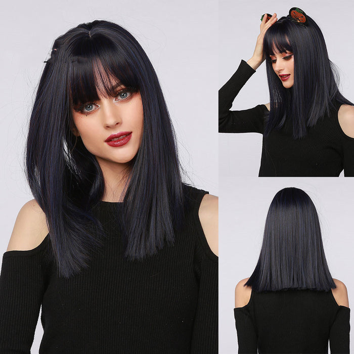 Red Brown Black Multicolor Qi Bangs Medium Length Straight Hair