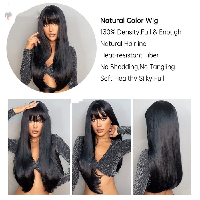 Black Long Straight Wig Female Black Straight Bangs Long Straight Hair Chemical Fiber